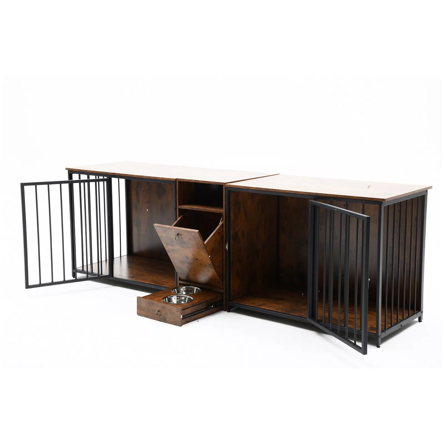 95.2" Rustic Double Dog Crate Furniture For 2 Dogs With Bowl