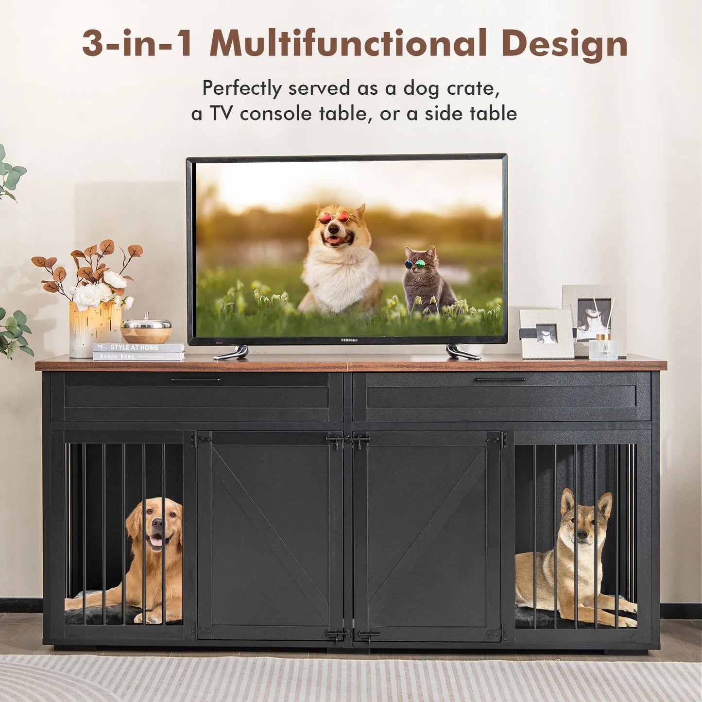 72" Farmhouse Double Dog Crate Furniture For 2 Dogs