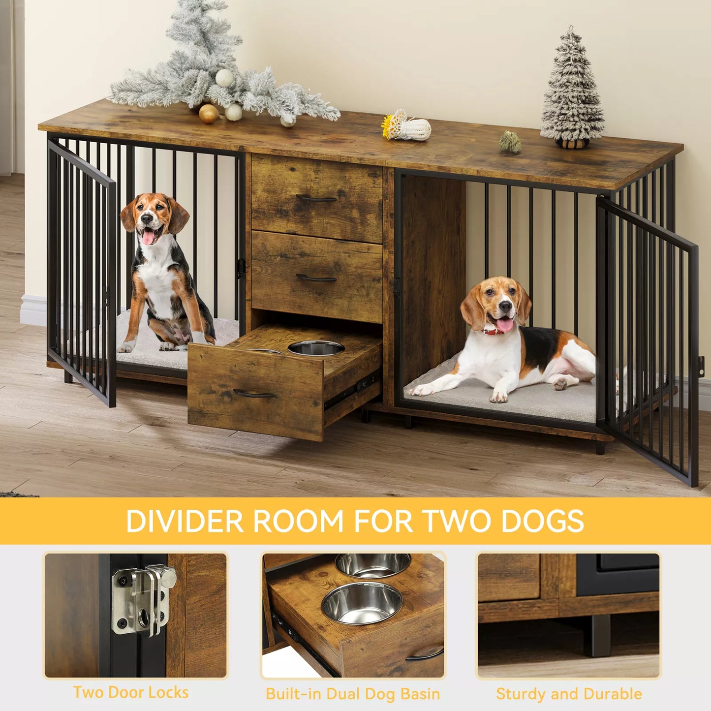 74.4" Evan Double Dog Crate Furniture For 2 Dogs