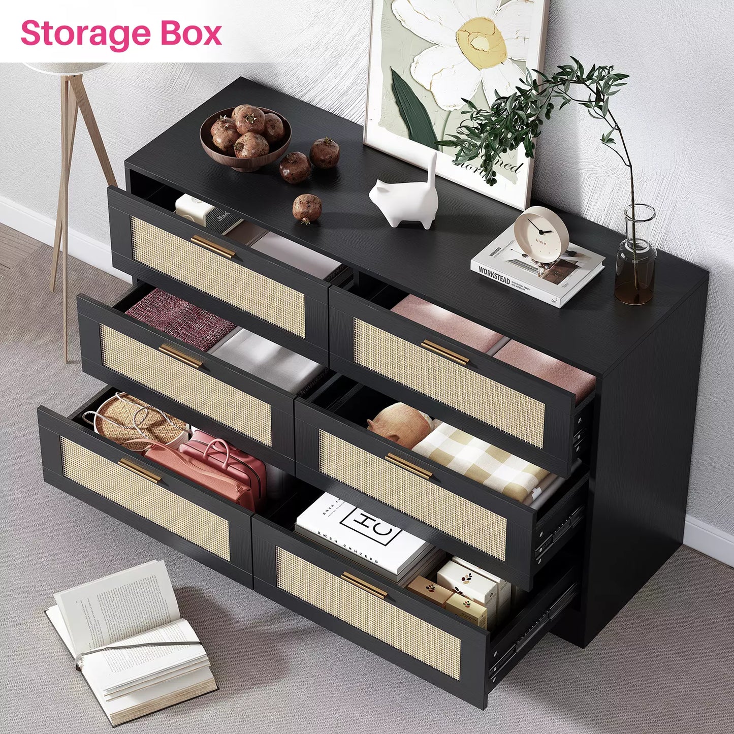 Wade Rattan Black 6 Drawer Chest Dresser