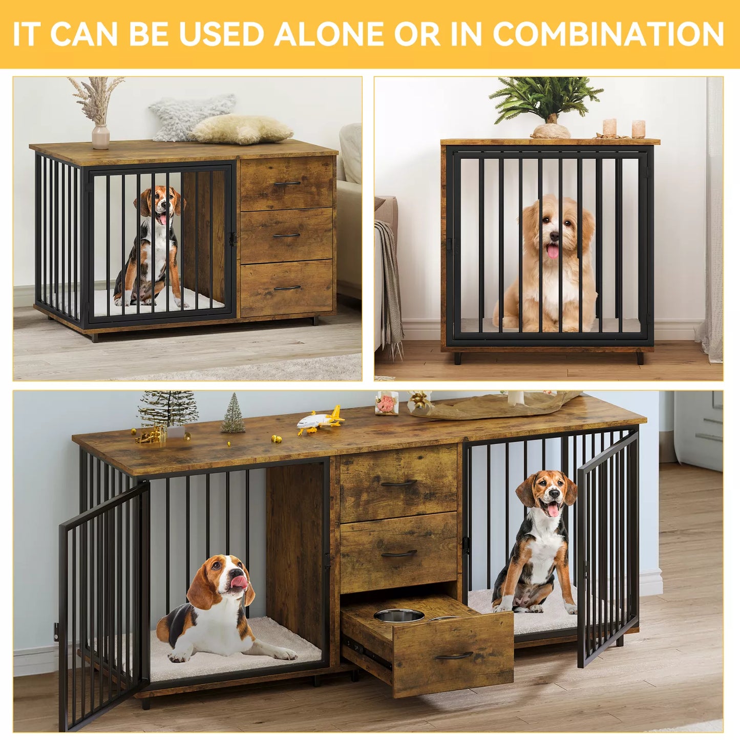 74.4" Evan Double Dog Crate Furniture For 2 Dogs