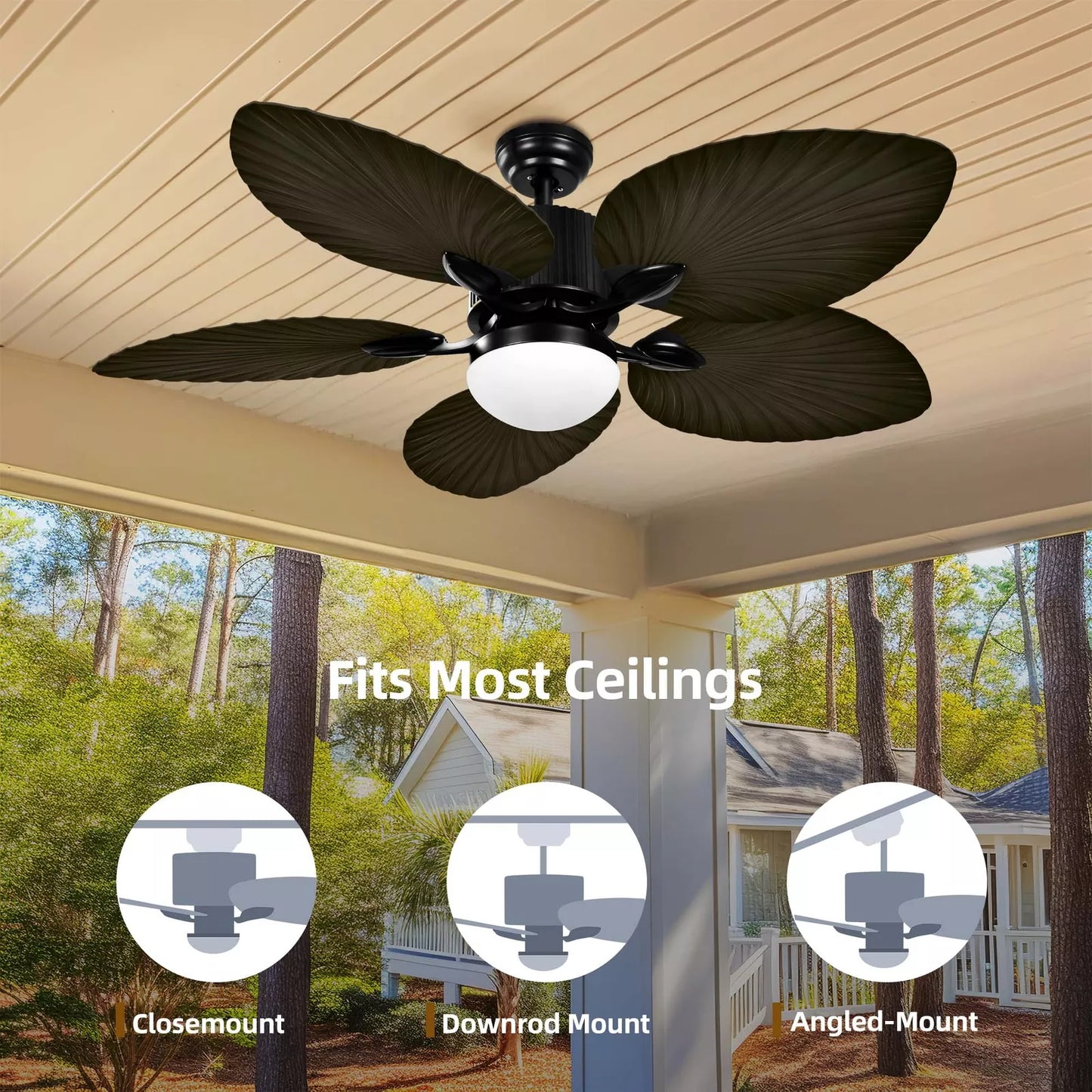 Brown Palm Ceiling Fan With Light & Remote