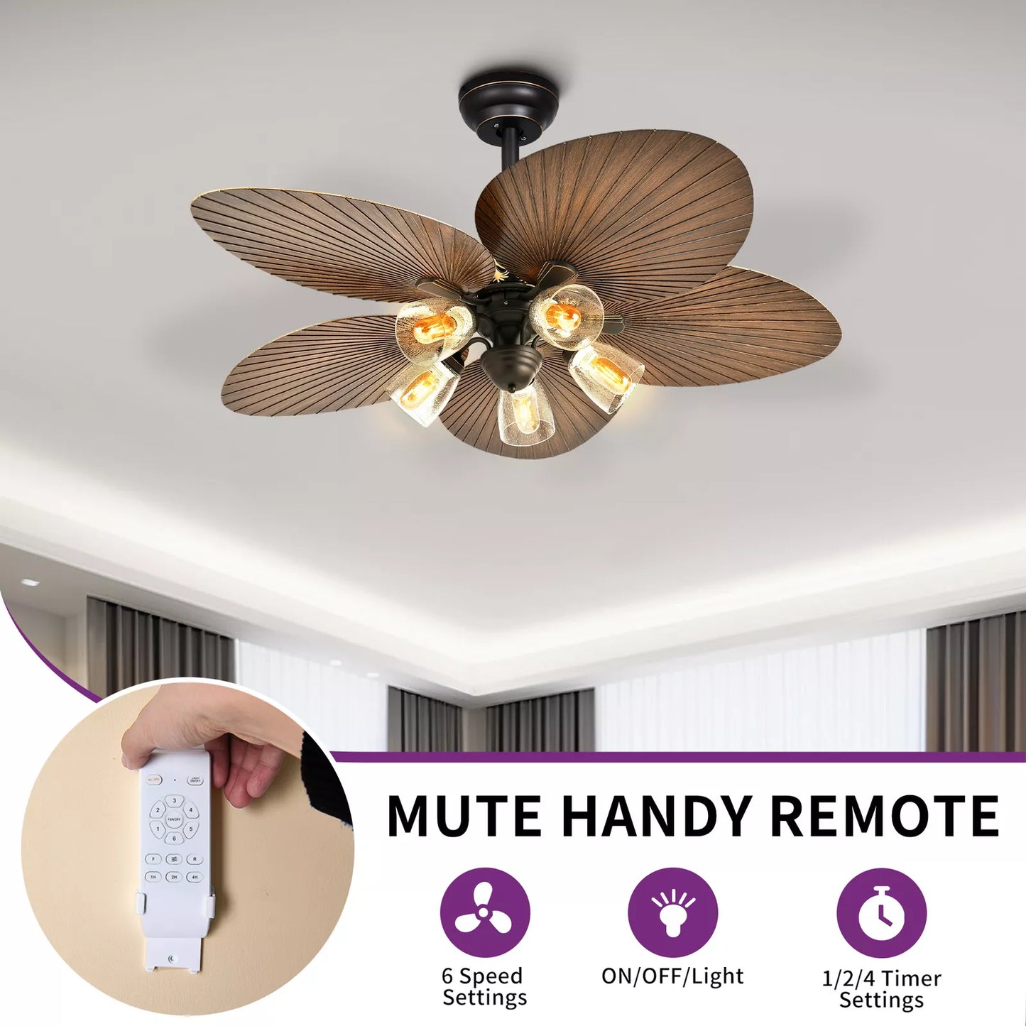 Palm Leaf Ceiling Fan With Light & Remote