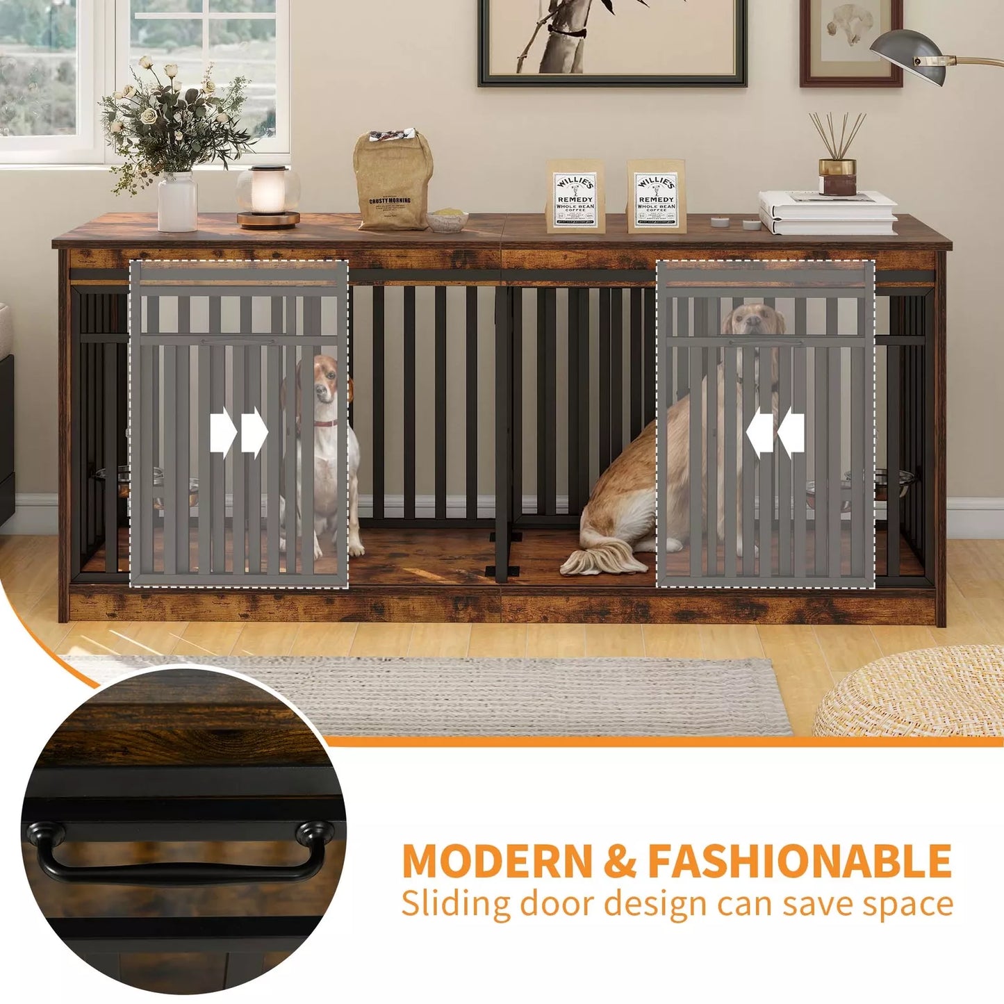 70.9" Ray Double Dog Crate Furniture For 2 Dogs With Bowl