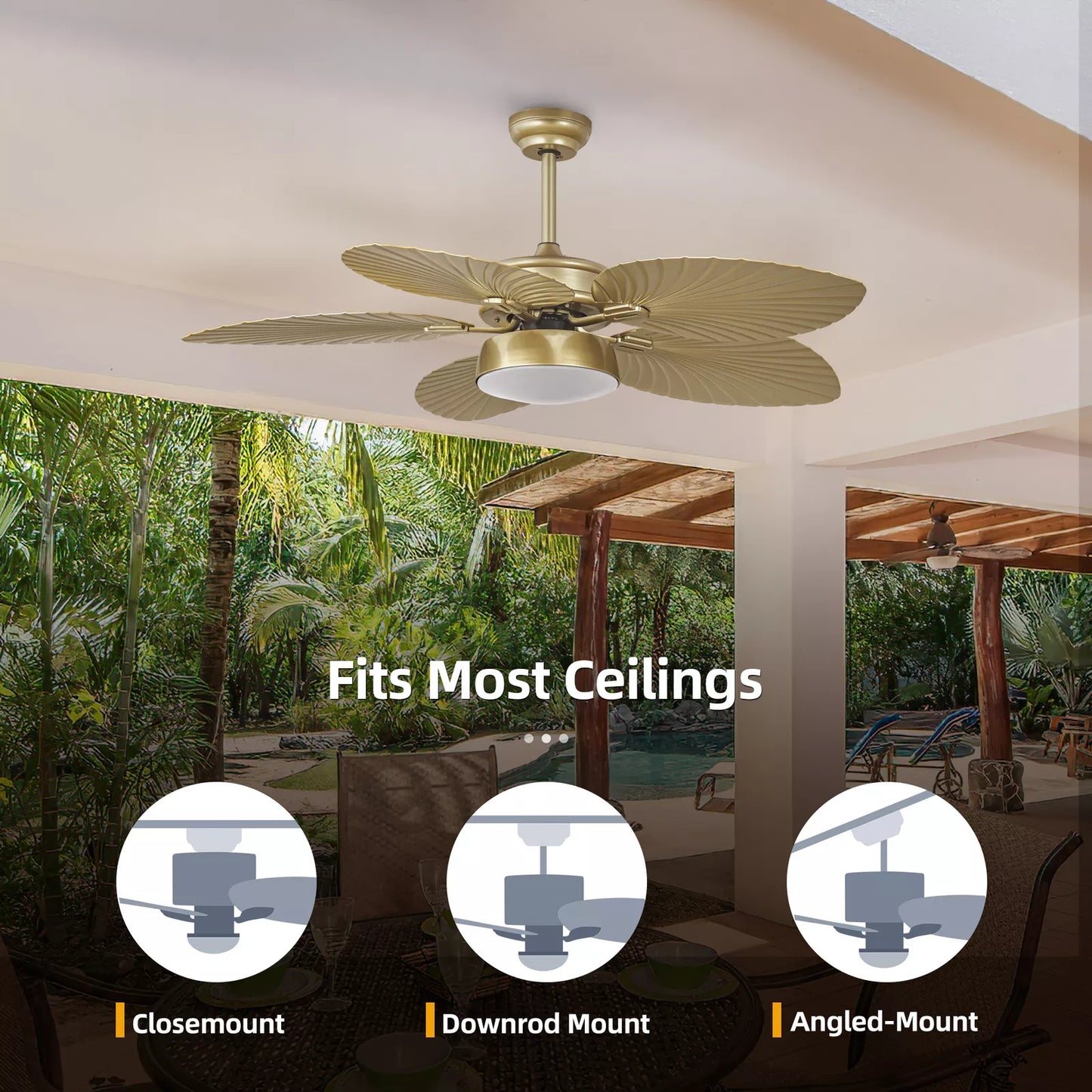 Gold Palm Leaf Ceiling Fan With Light & Remote
