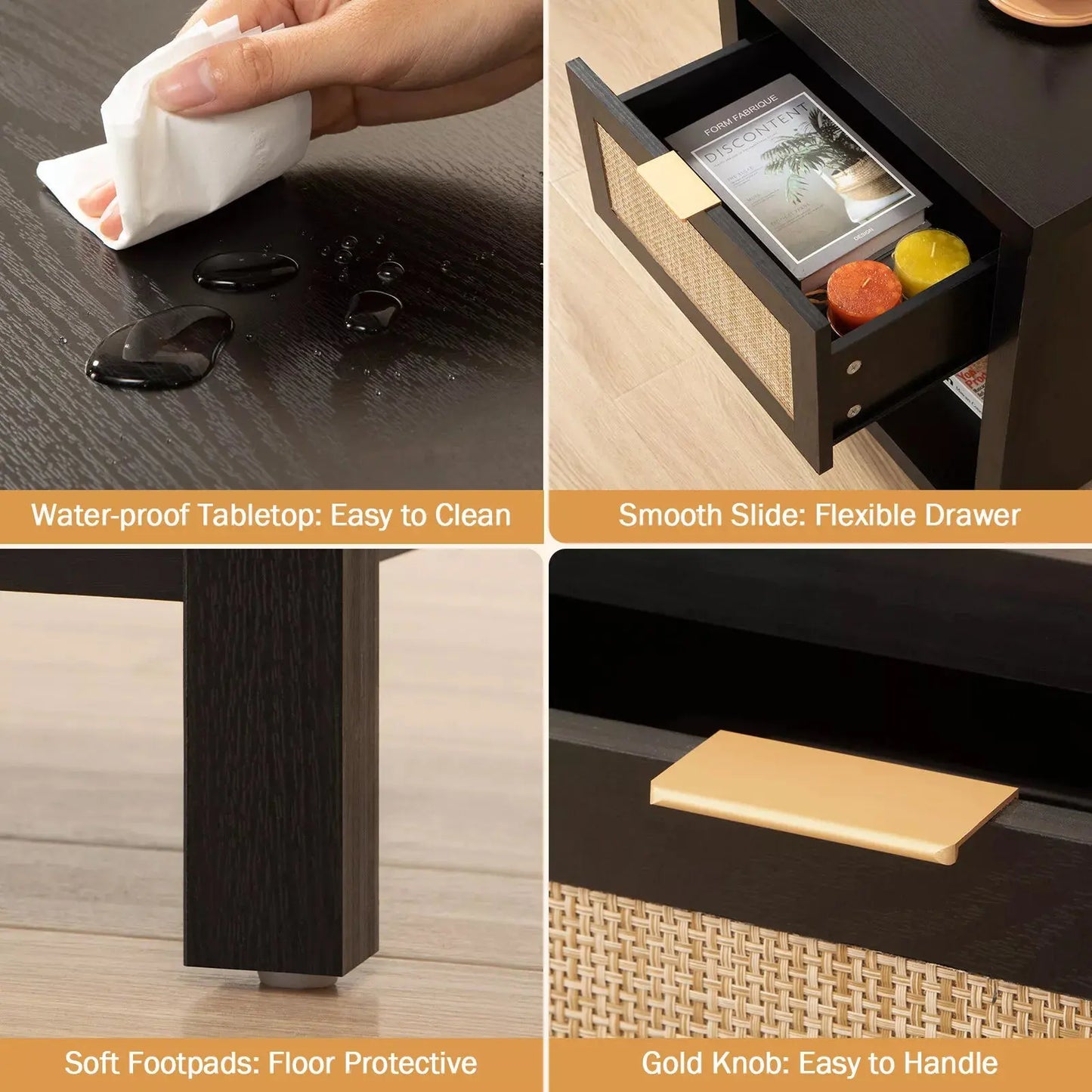 Ava Black Rattan Nightstand Table With Drawer Canva Home