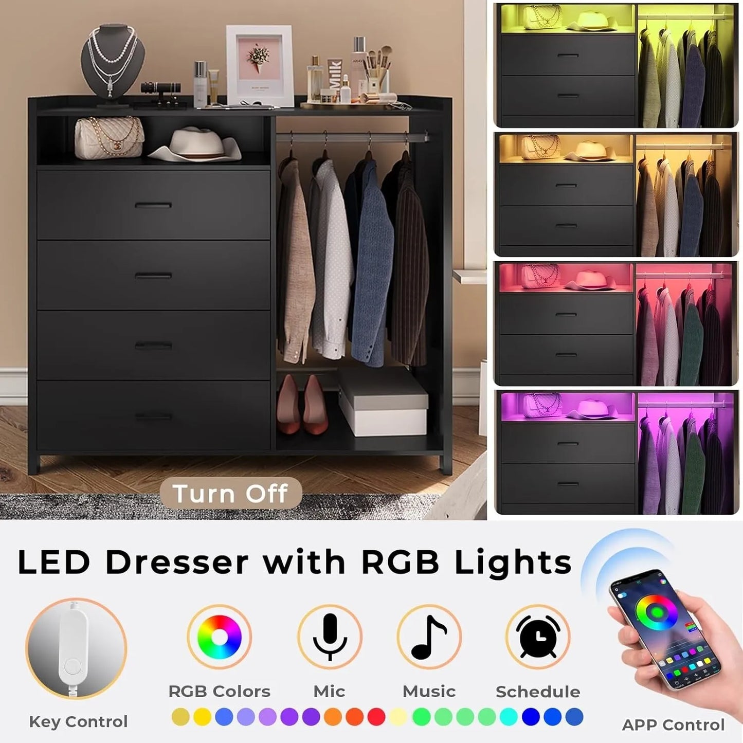 LED Black Modern 4 Drawer Chest Dresser