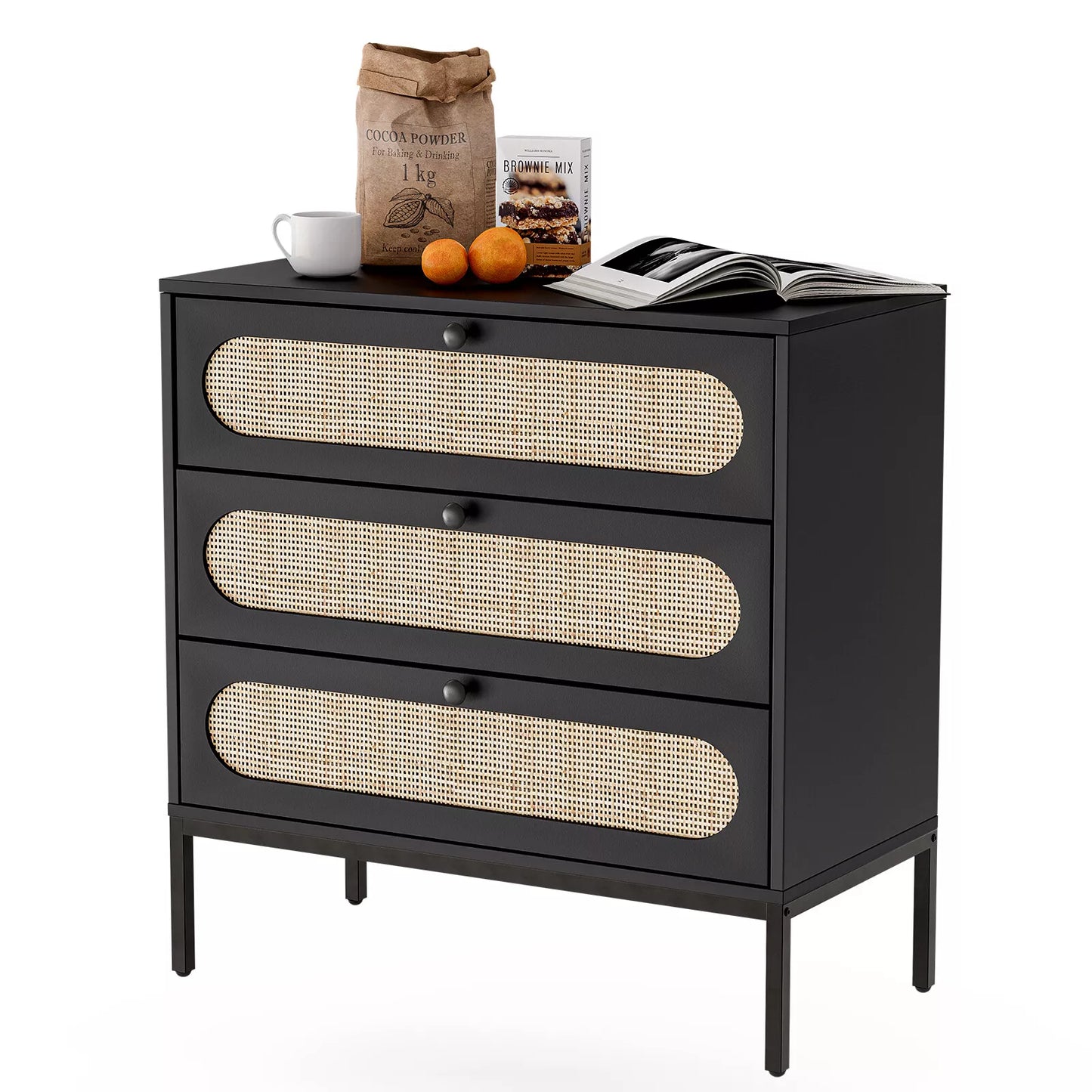 Alys Rattan Black Small 3 Drawer Chest Dresser