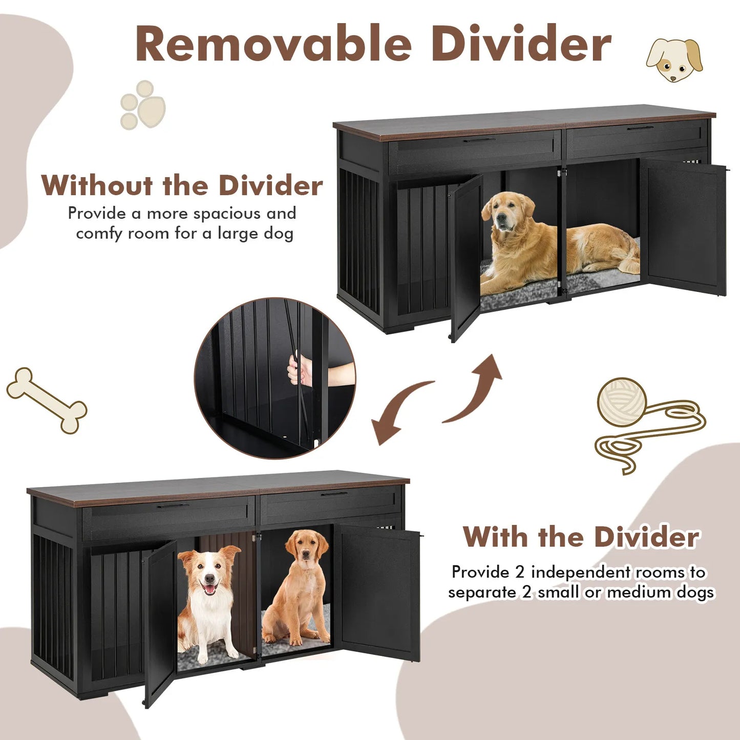 72" Farmhouse Double Dog Crate Furniture For 2 Dogs