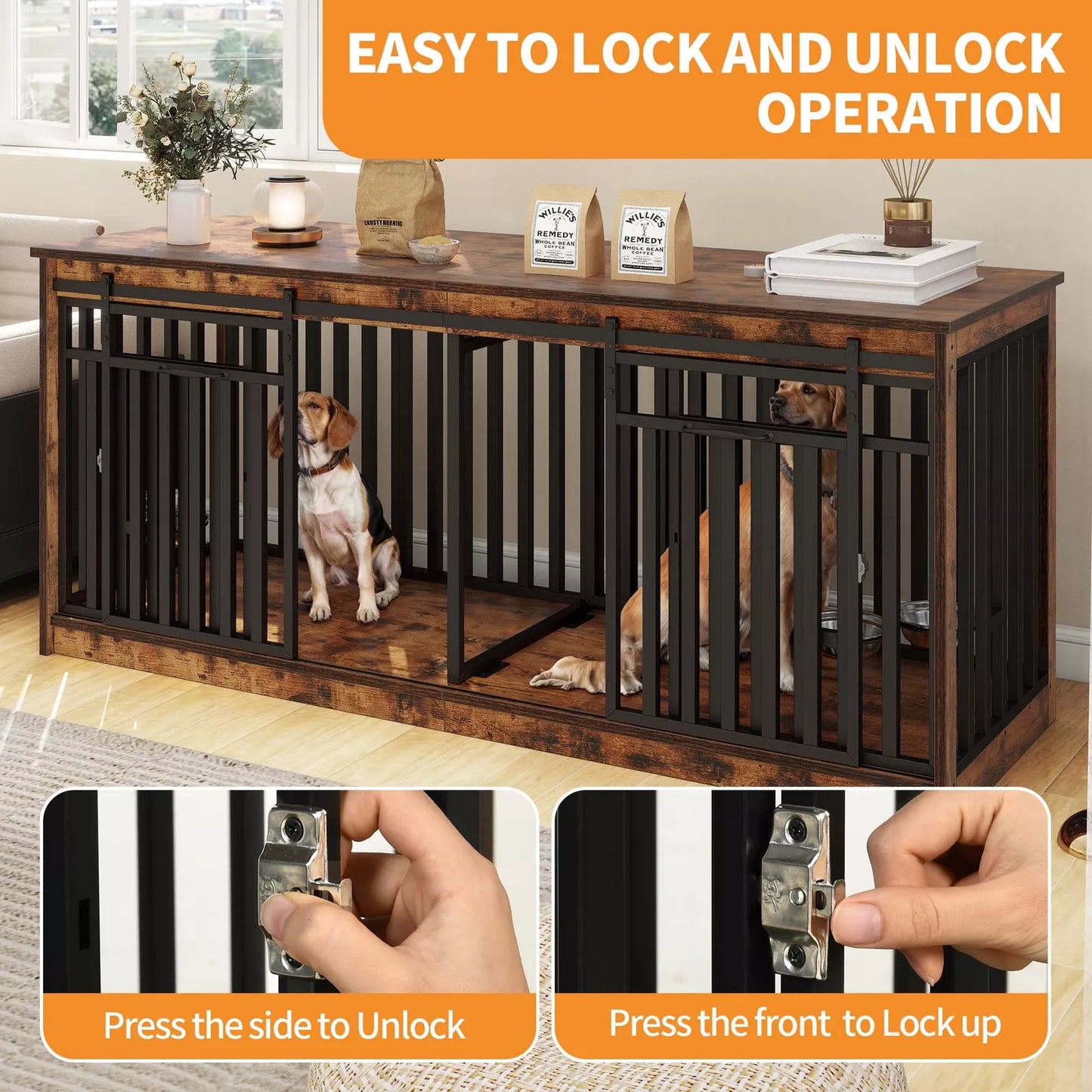70.9" Ray Double Dog Crate Furniture For 2 Dogs With Bowl