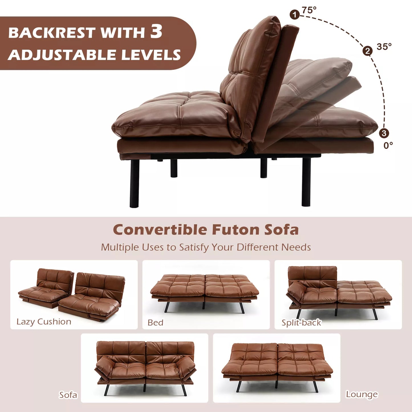 Leather Memory Foam Convertible Futon Sofa Bed