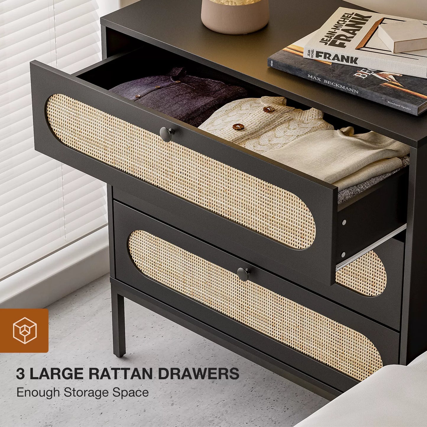 Alys Rattan Black Small 3 Drawer Chest Dresser