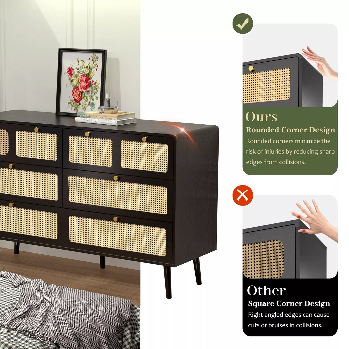 Elise Rattan Black 6 Drawer Chest Dresser