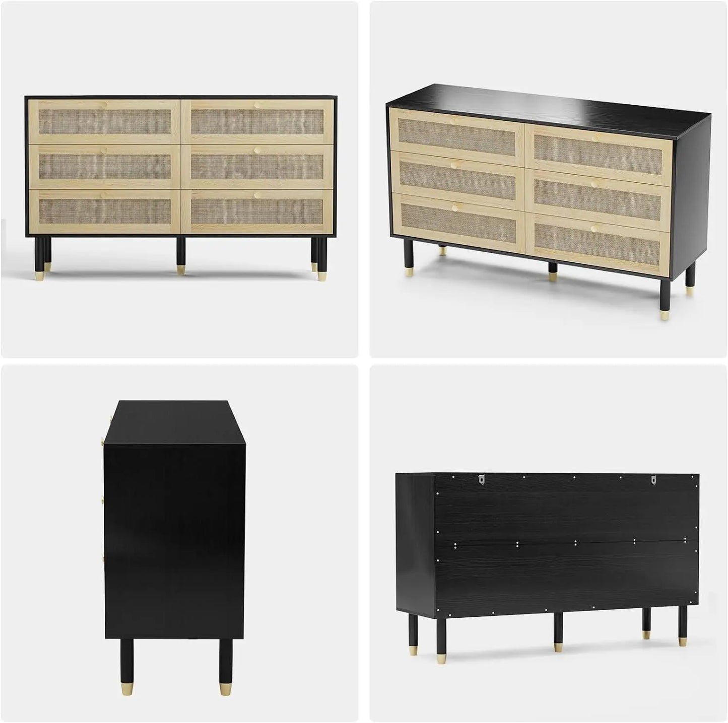 Clark Rattan Wide Black 6 Drawer Chest Dresser