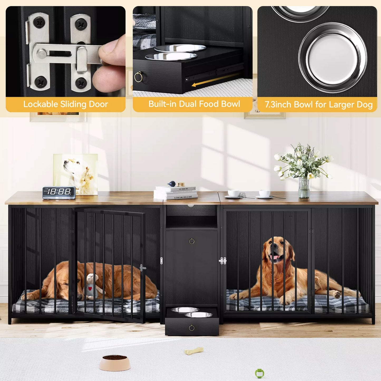 95.2" Edna Double Dog Crate Furniture For 2 Dogs With Bowl
