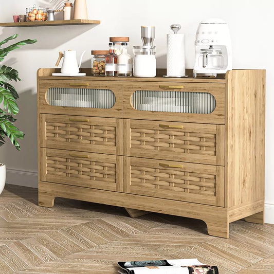 Aqsa Rattan Wide 6 Drawer Chest Dresser