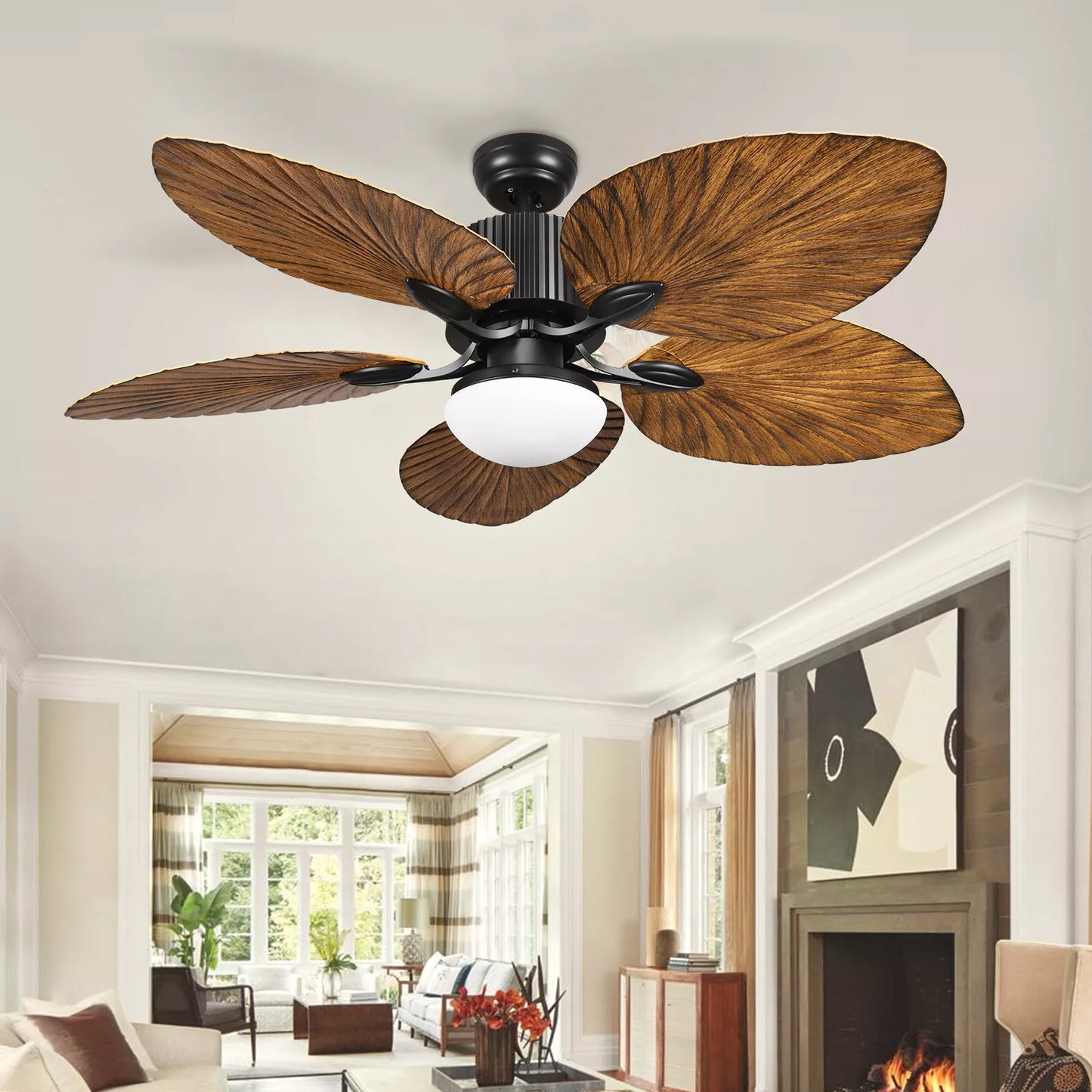Walnut Palm Leaf Ceiling Fan With Light & Remote