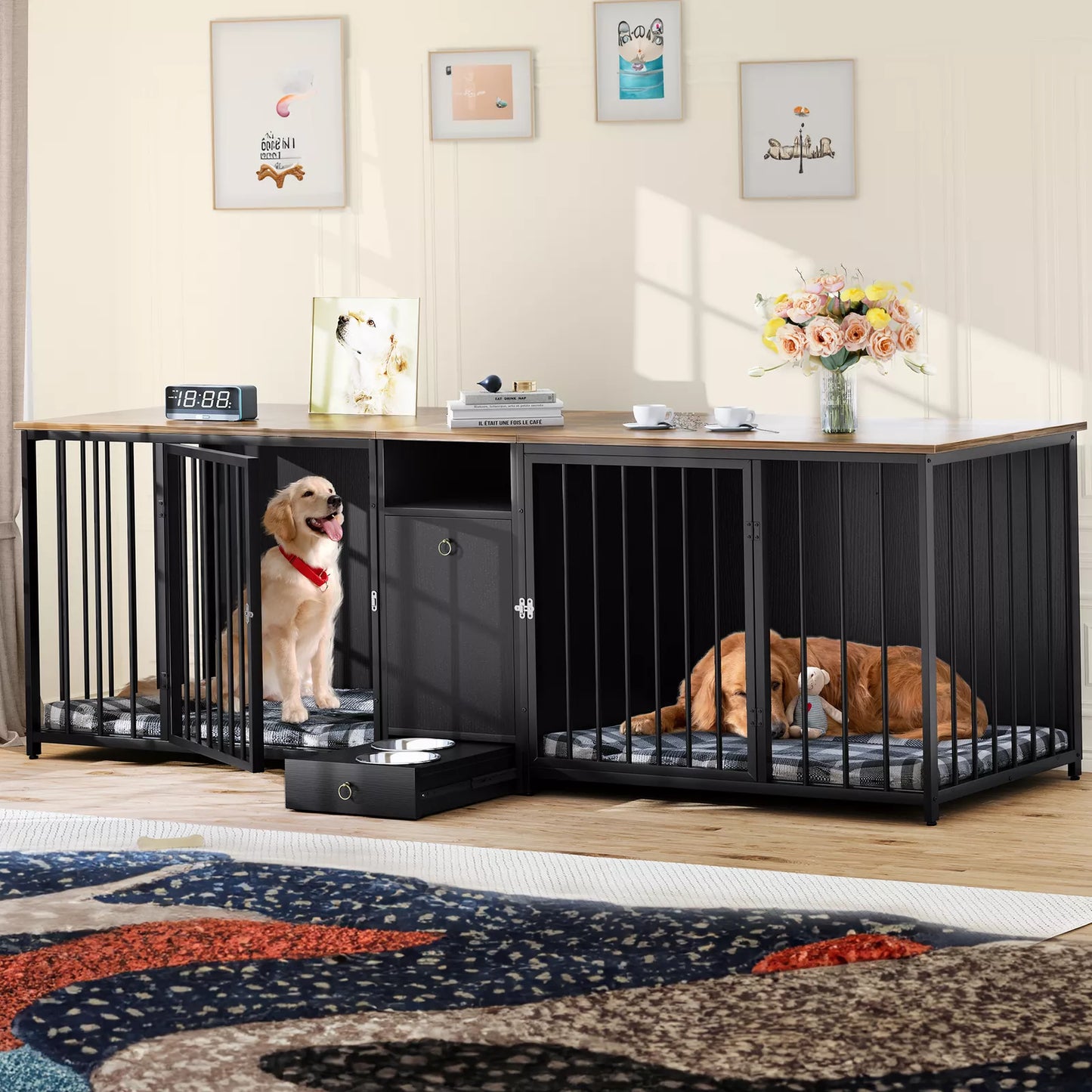 95.2" Edna Double Dog Crate Furniture For 2 Dogs With Bowl