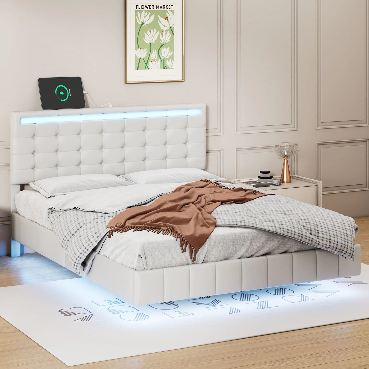 Neal Leather Upholstered Floating Bed With Lights