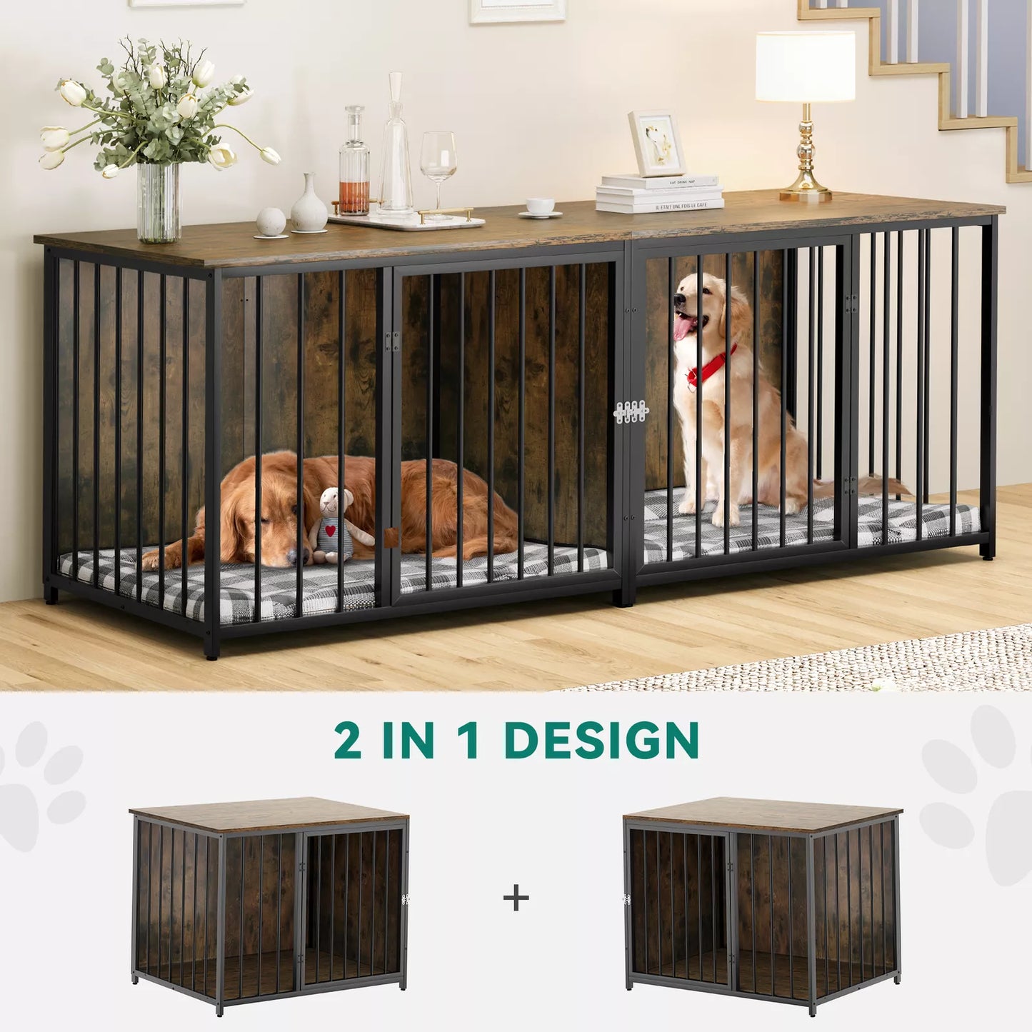 80.3" Marquez Double Dog Crate Furniture For 2 Dogs