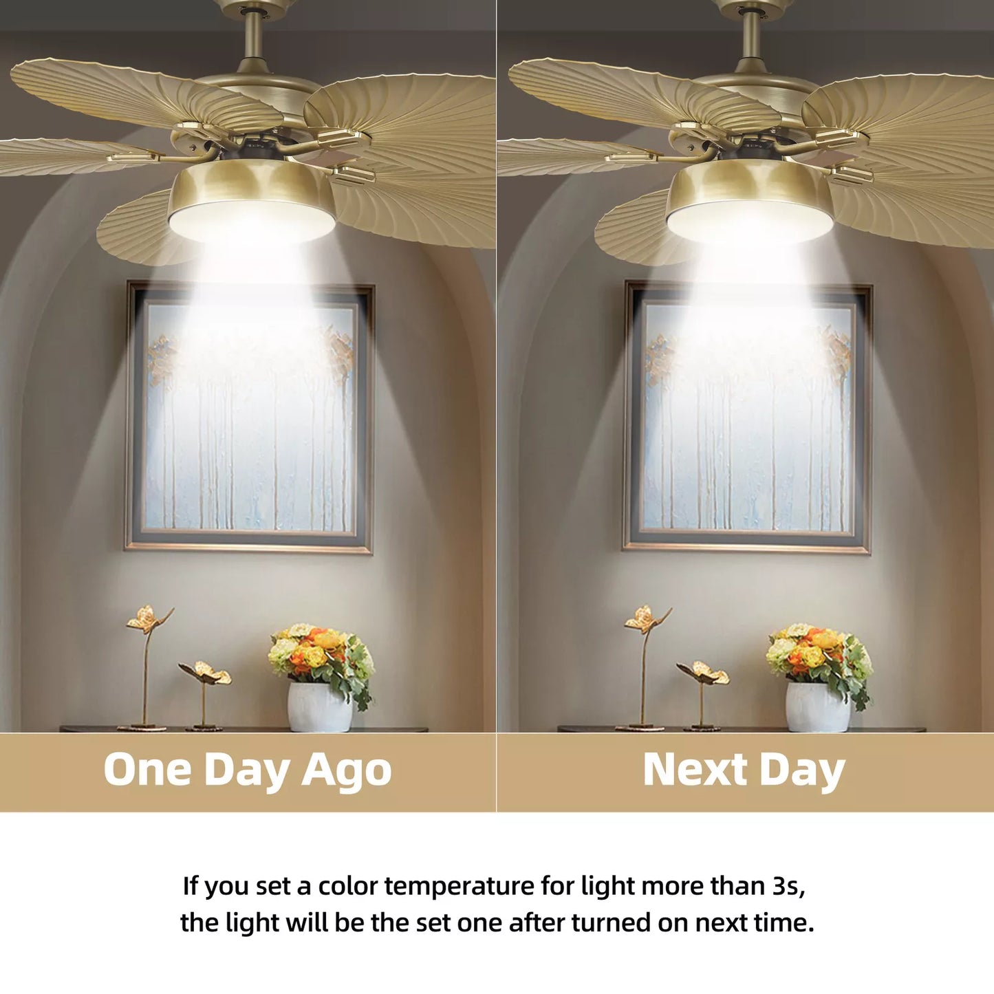 Gold Palm Leaf Ceiling Fan With Light & Remote