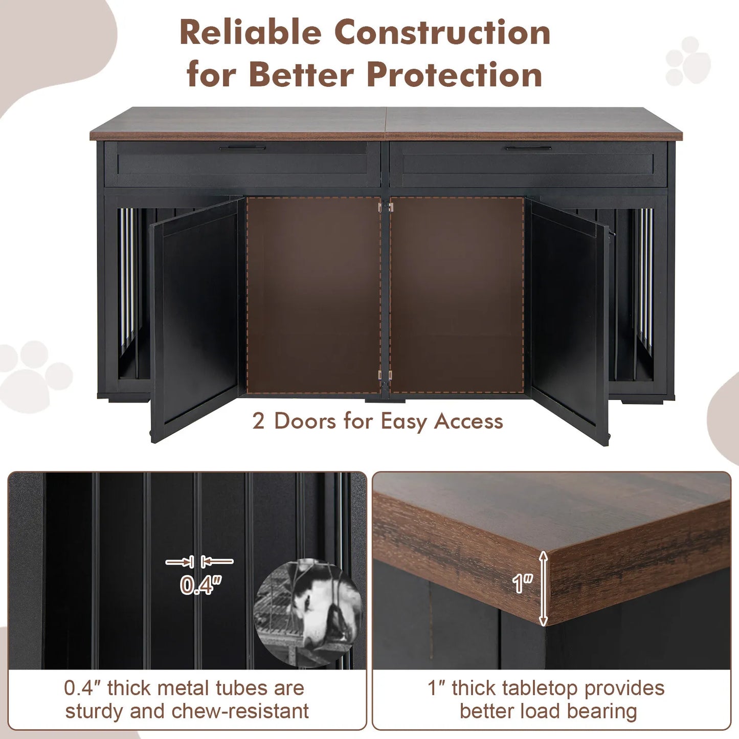 72" Farmhouse Double Dog Crate Furniture For 2 Dogs