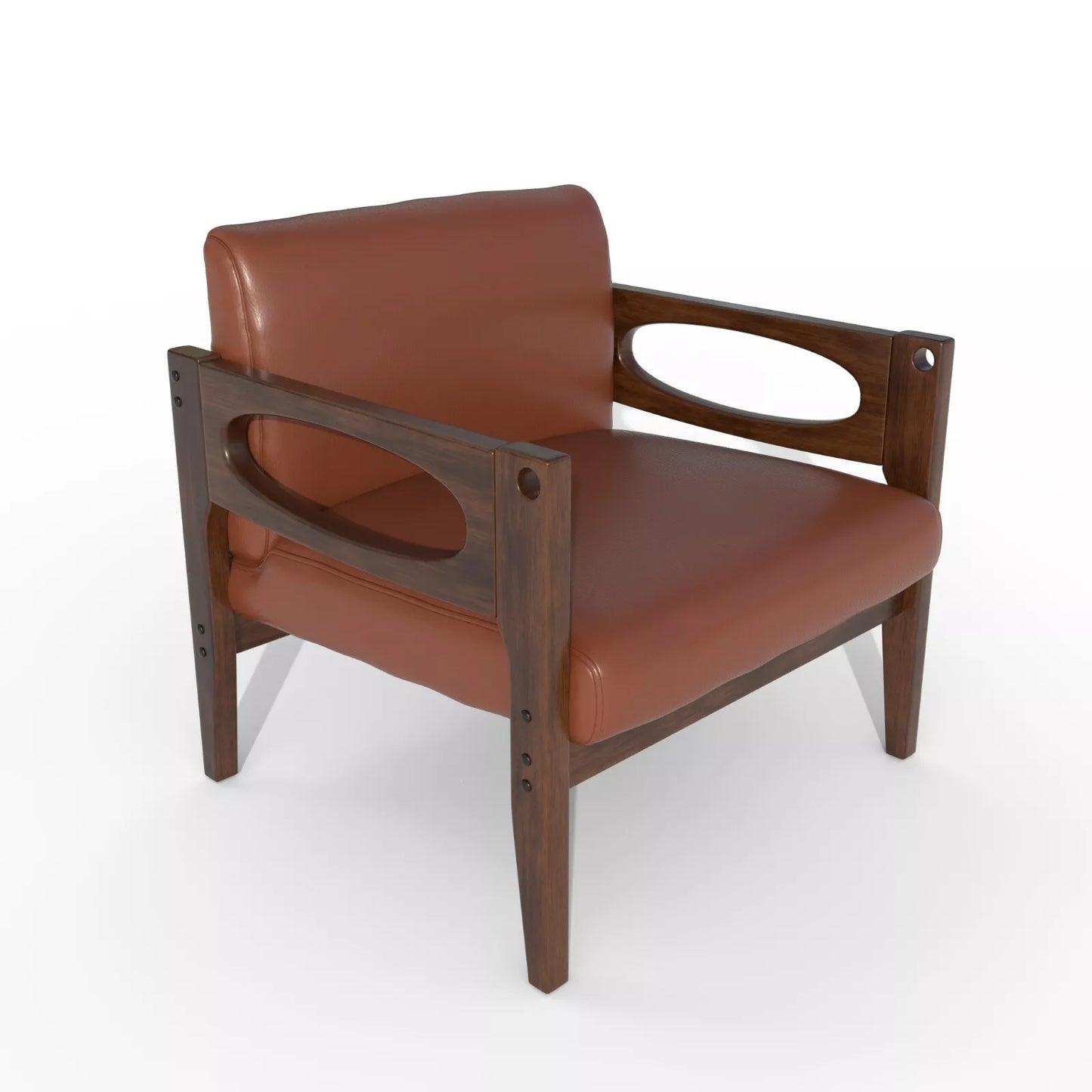 Brown Leather Mid Century Accent Armchair