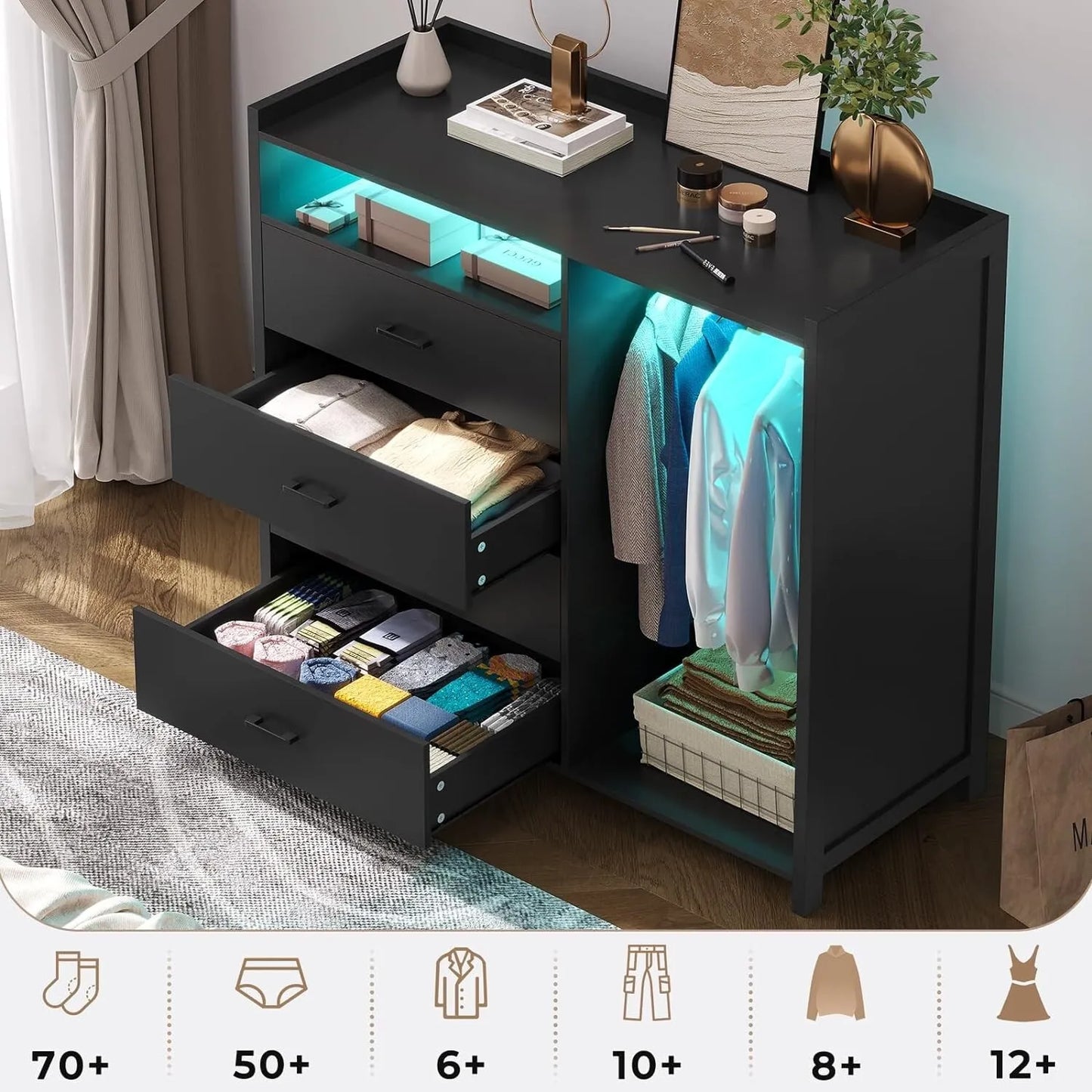 LED Black Modern 4 Drawer Chest Dresser