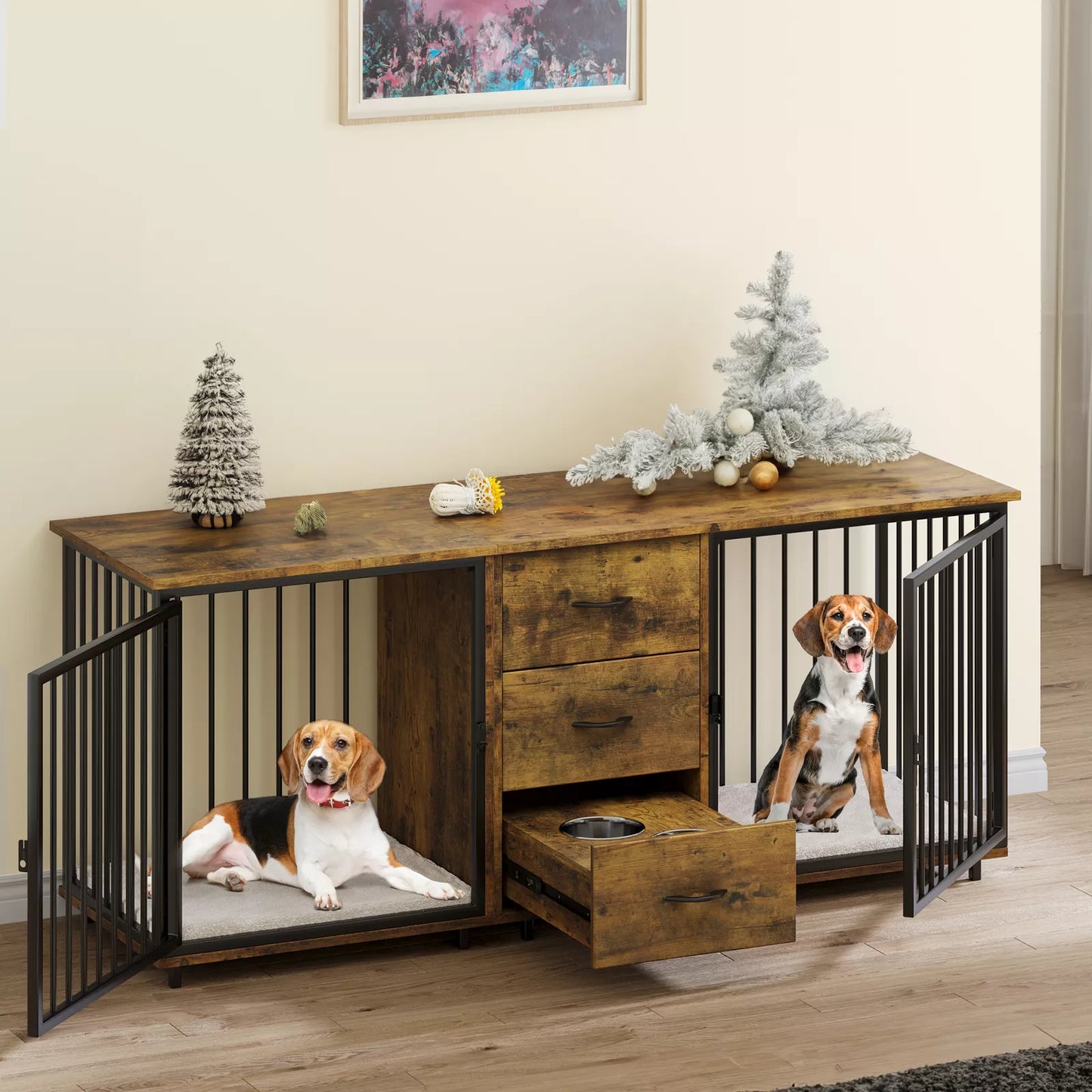 74.4" Evan Double Dog Crate Furniture For 2 Dogs