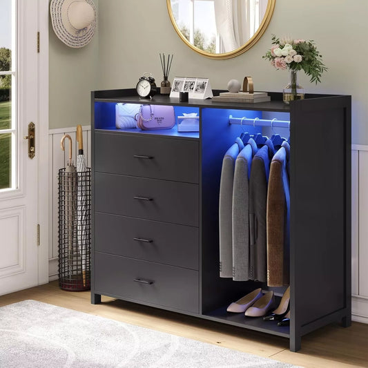 LED Black Modern 4 Drawer Chest Dresser