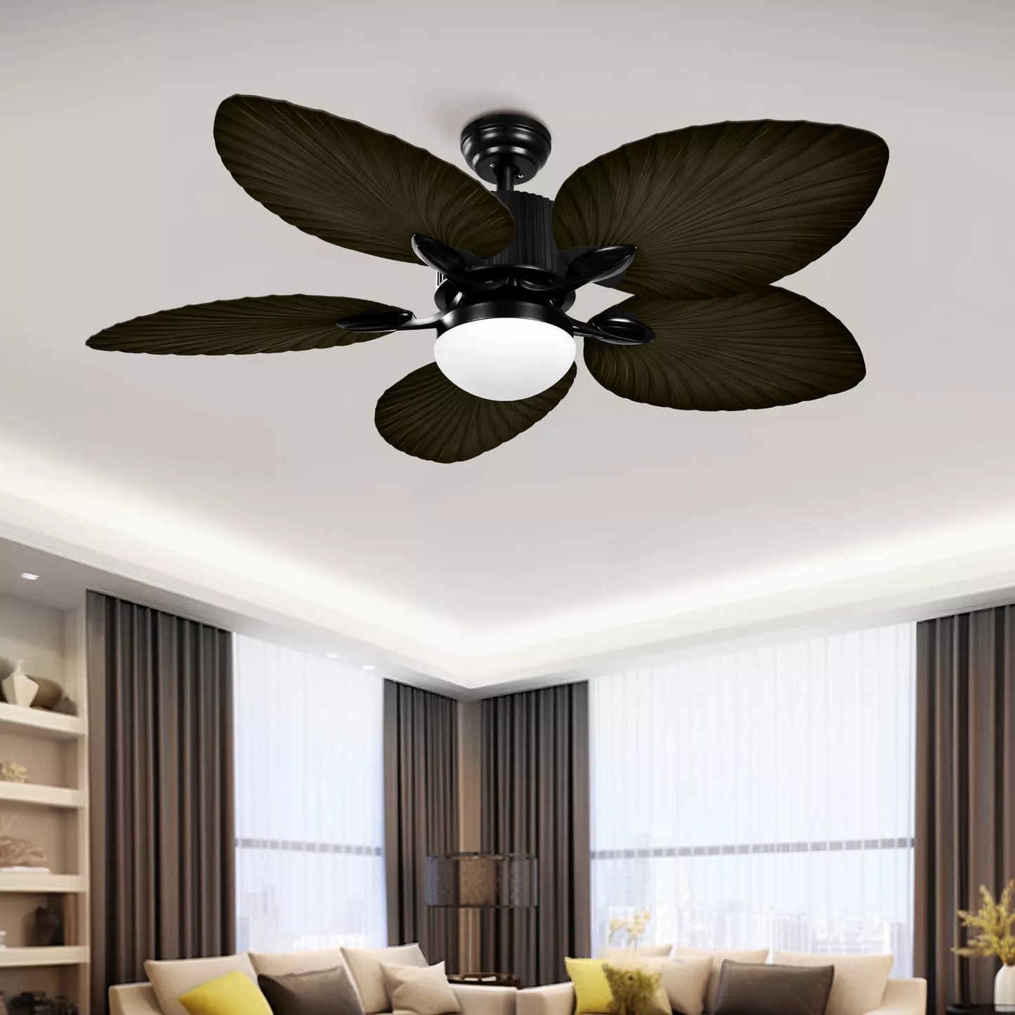 Brown Palm Ceiling Fan With Light & Remote