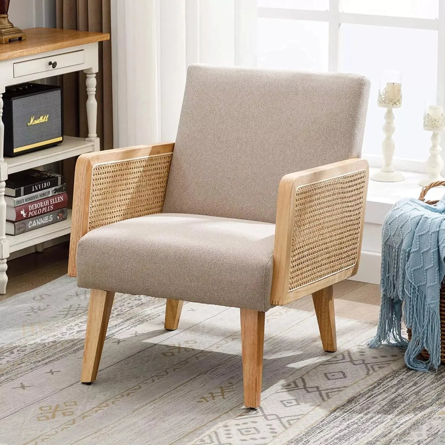 Meza Rattan Fabric Accent Armchair Canva Home