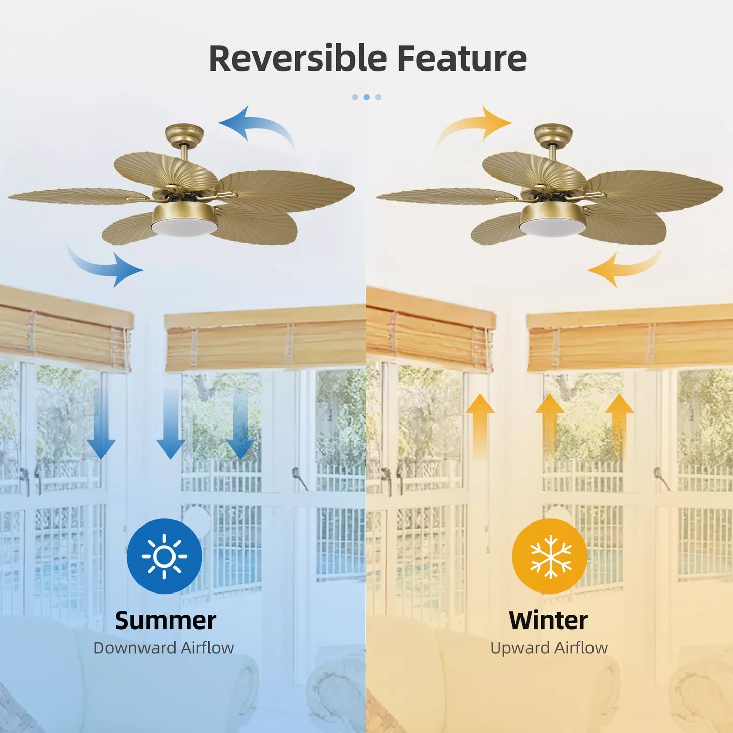 Gold Palm Leaf Ceiling Fan With Light & Remote