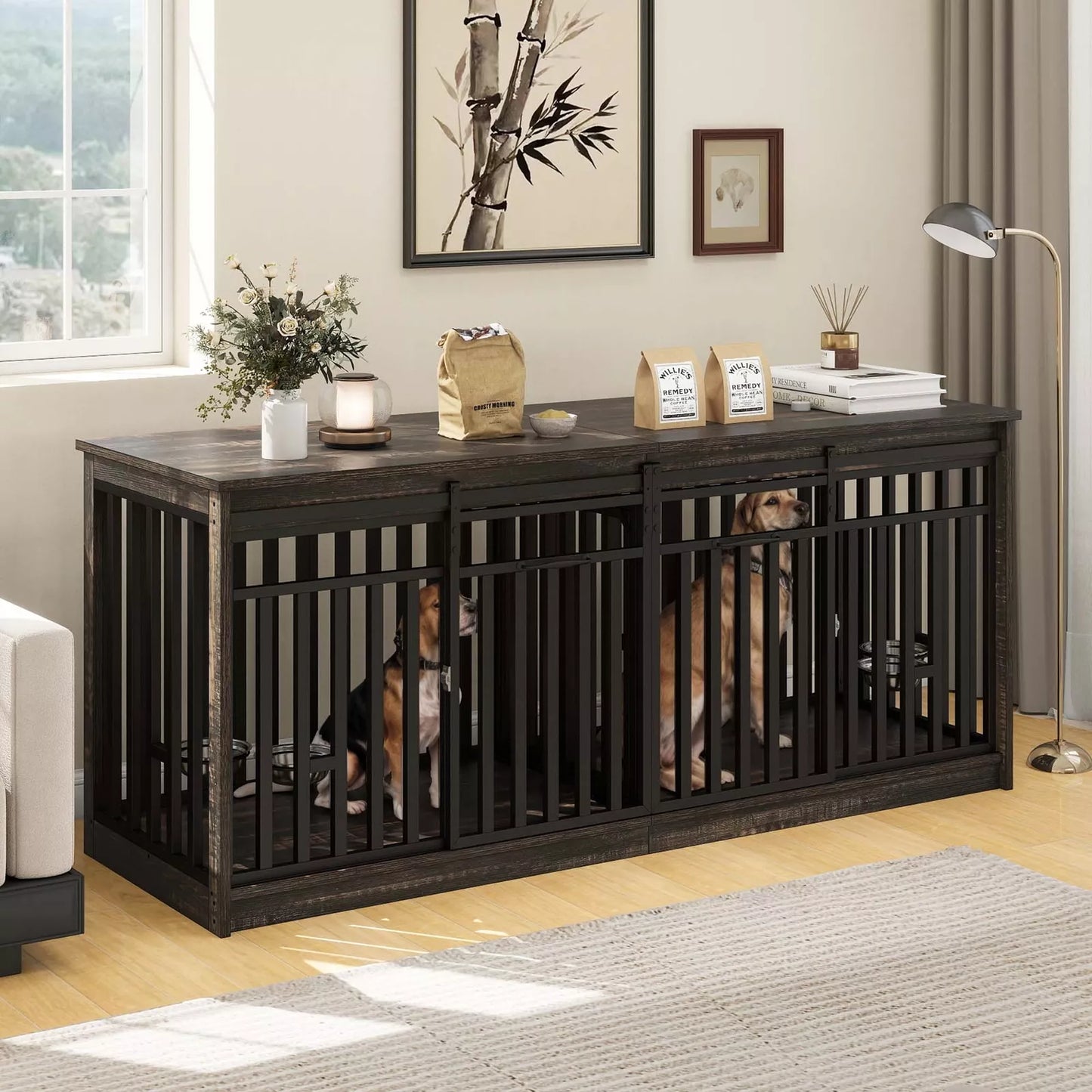 70.9" Ray Double Dog Crate Furniture For 2 Dogs With Bowl