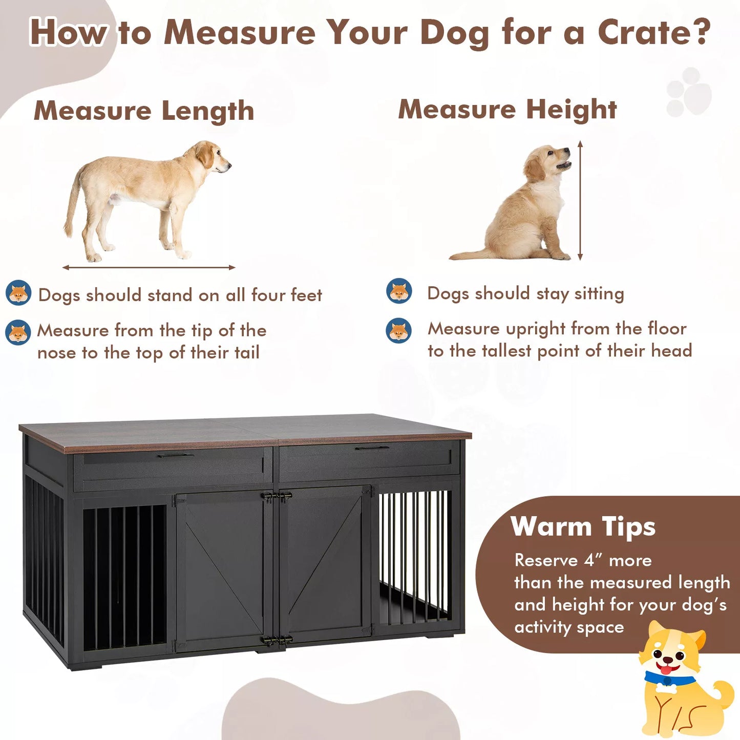 72" Farmhouse Double Dog Crate Furniture For 2 Dogs