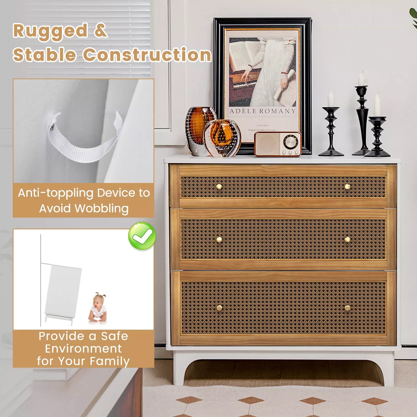 Erika Rattan Small White 3 Drawer Chest Dresser
