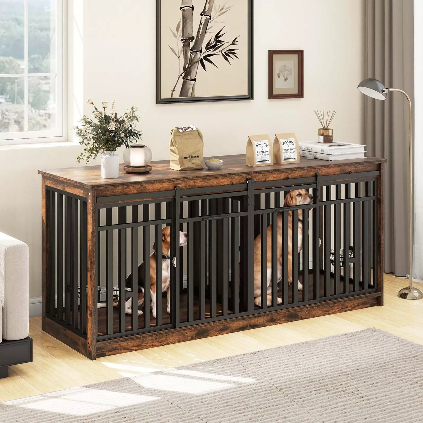 70.9" Ray Double Dog Crate Furniture For 2 Dogs With Bowl