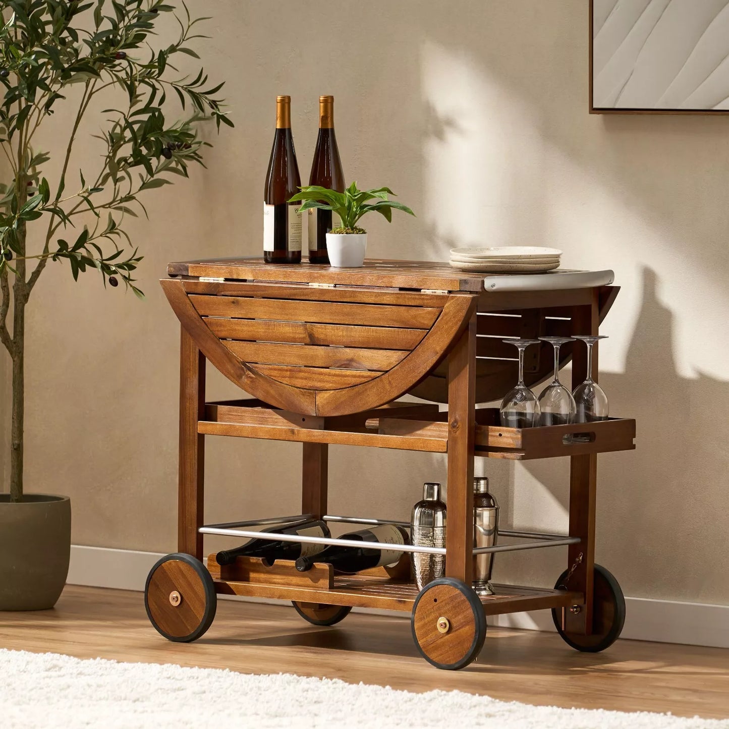 Wood Rolling Beverage Bar Cart