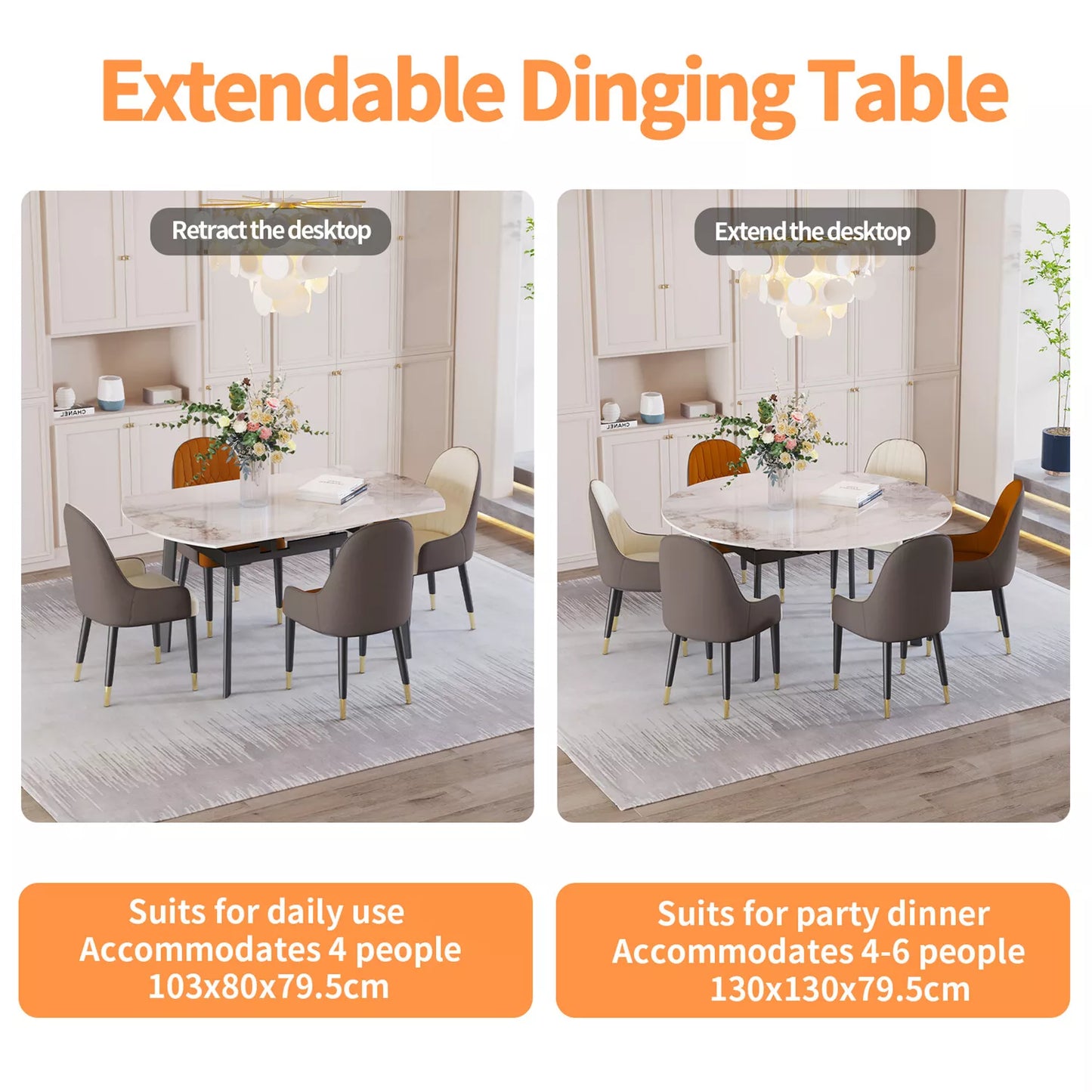 Caspar Marble Round Extendable Dining Table For 6