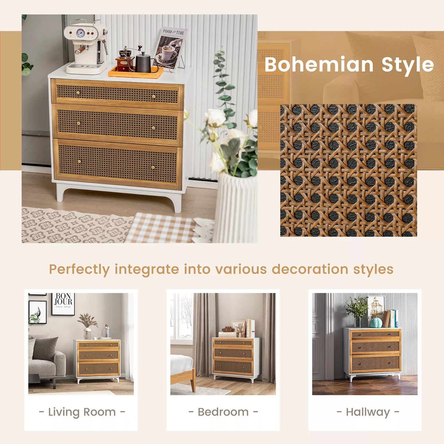 Erika Rattan Small White 3 Drawer Chest Dresser