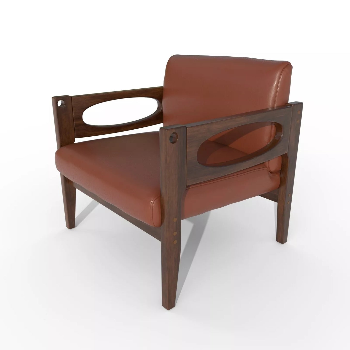 Brown Leather Mid Century Accent Armchair