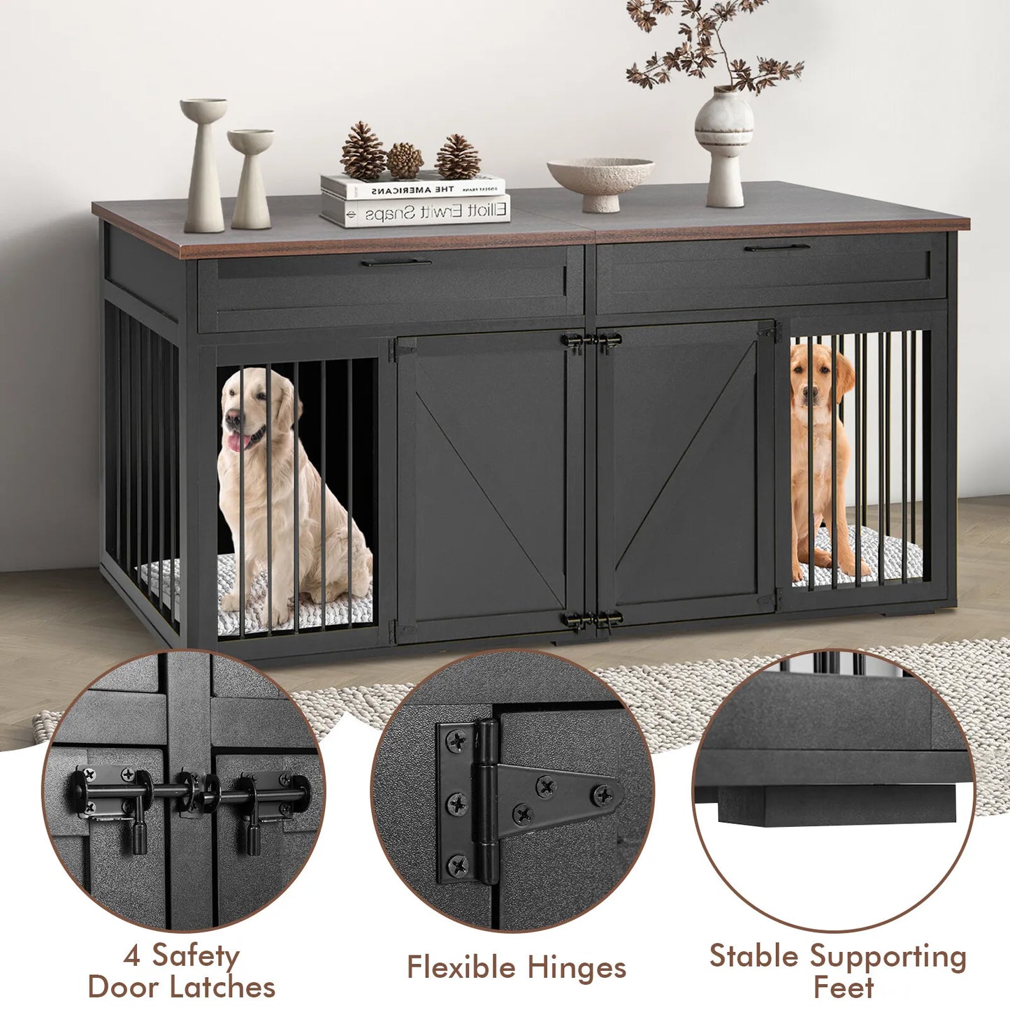72" Farmhouse Double Dog Crate Furniture For 2 Dogs