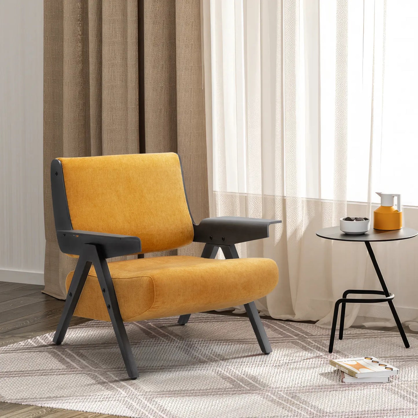 Yellow Fabric Mid Century Accent Armchair