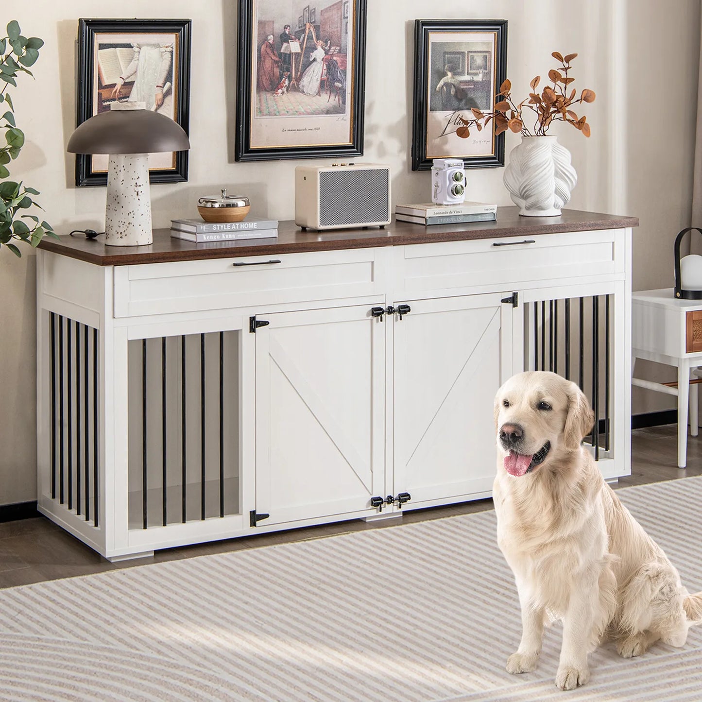 72" Farmhouse Double Dog Crate Furniture For 2 Dogs
