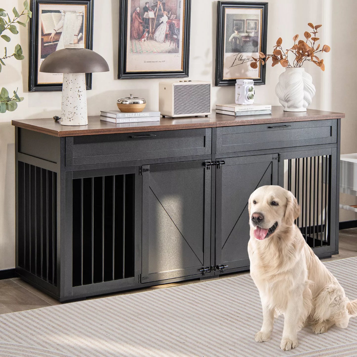 72" Farmhouse Double Dog Crate Furniture For 2 Dogs