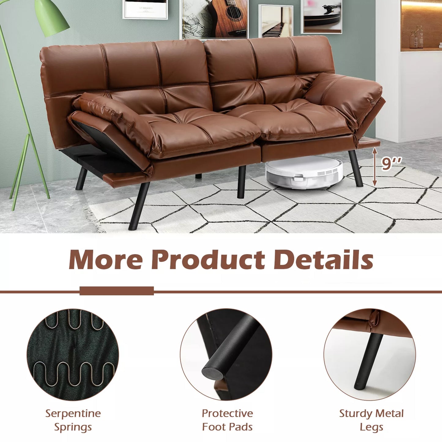 Leather Memory Foam Convertible Futon Sofa Bed