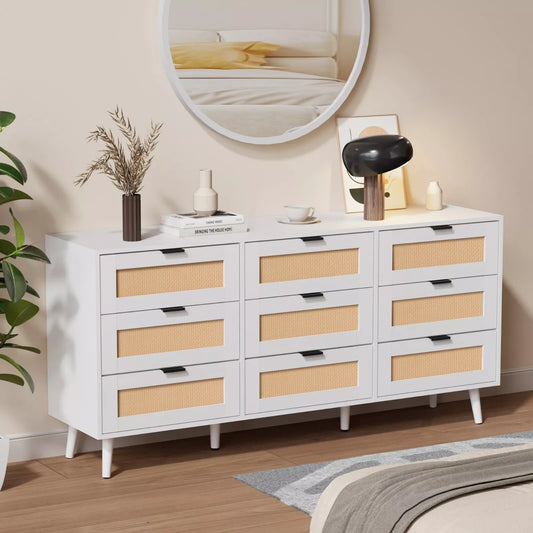 Moss Rattan Wide 9 Drawer Chest Dresser