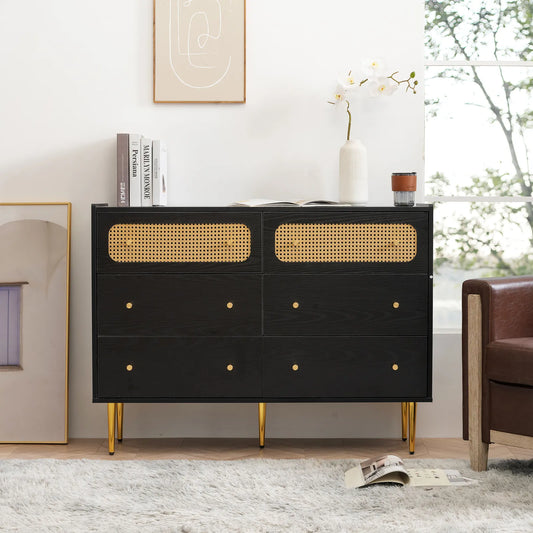 Ela Rattan Black 6 Drawer Chest Dresser