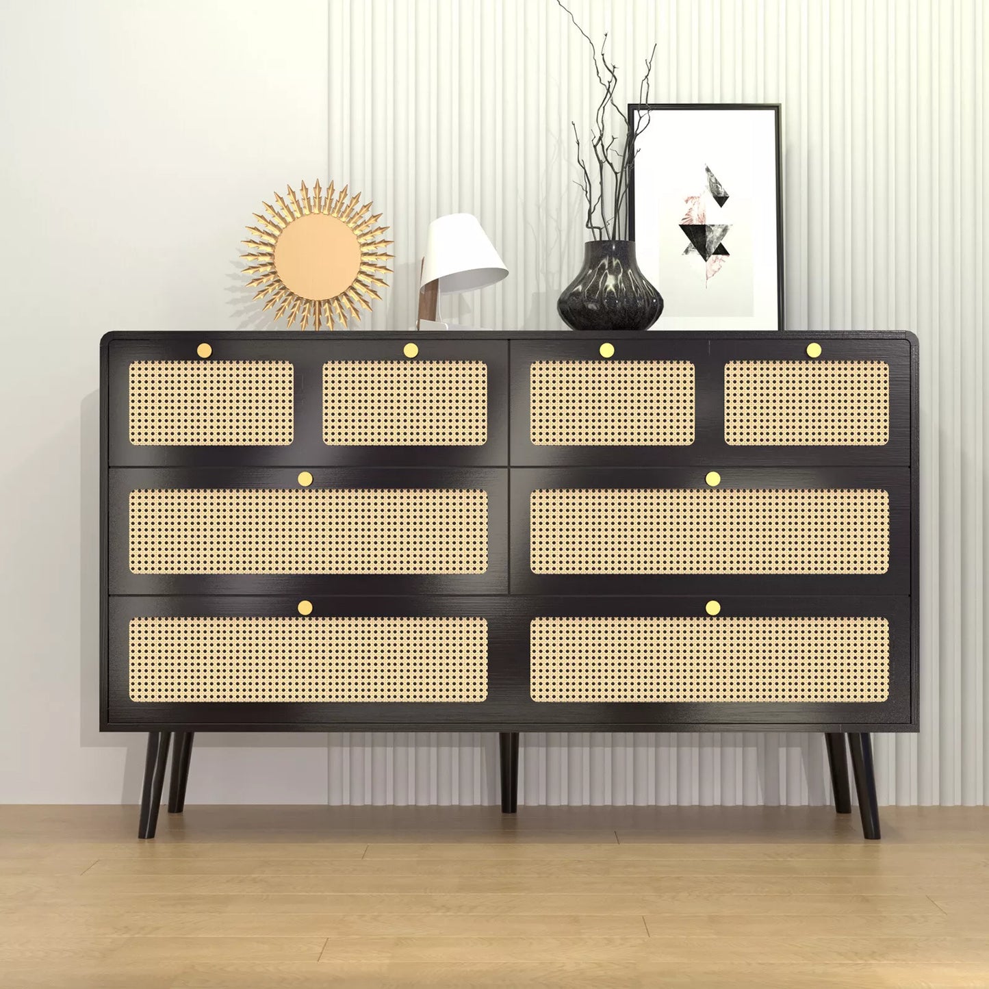 Elise Rattan Black 6 Drawer Chest Dresser