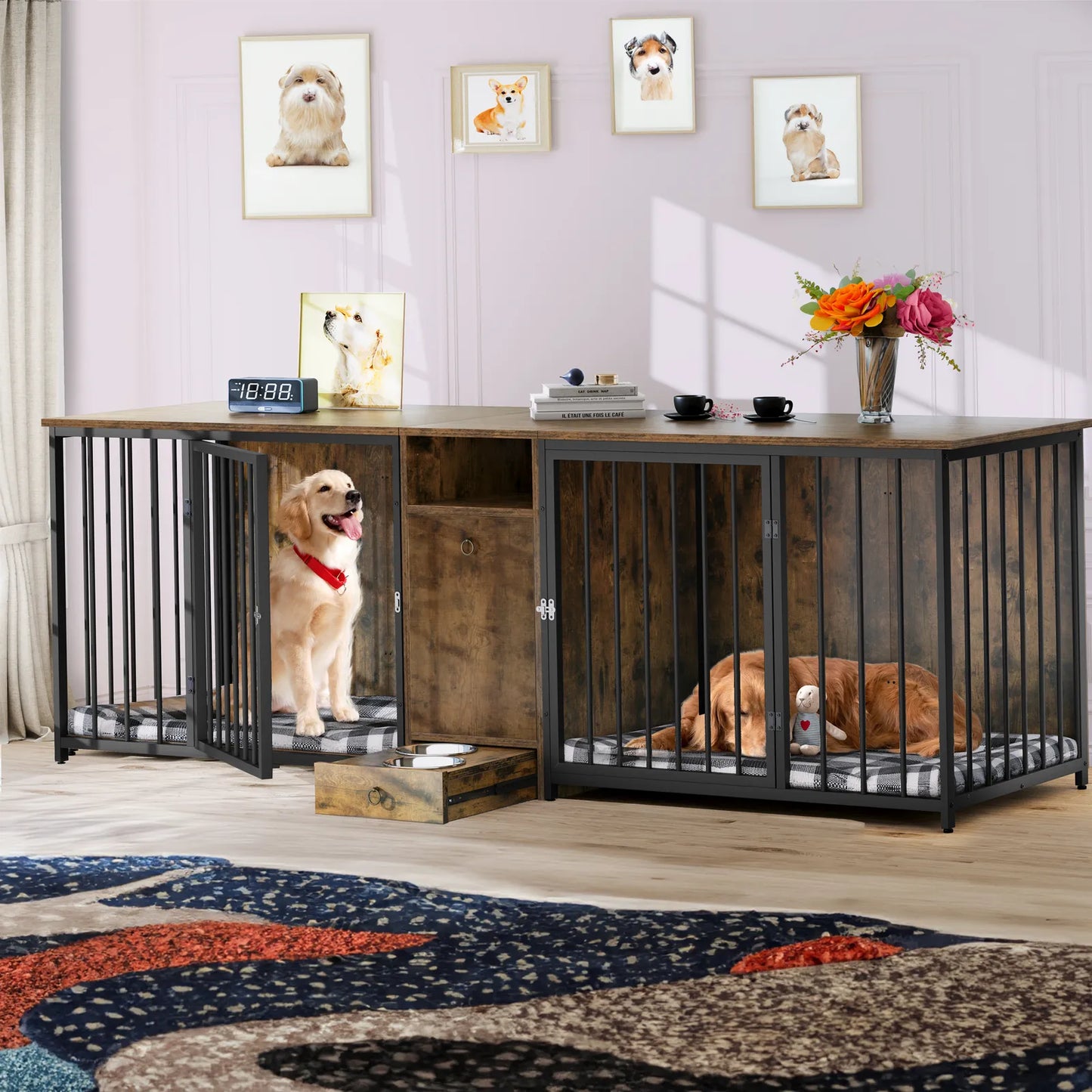 95.2" Rustic Double Dog Crate Furniture For 2 Dogs With Bowl